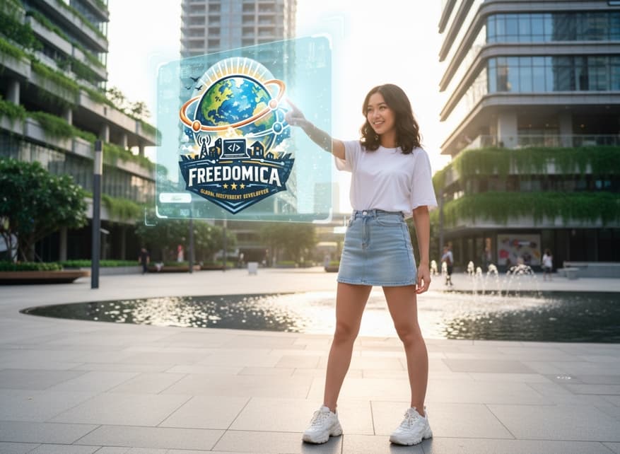 Embaixadora da marca Freedomica apresentando um logo holográfico em uma praça moderna