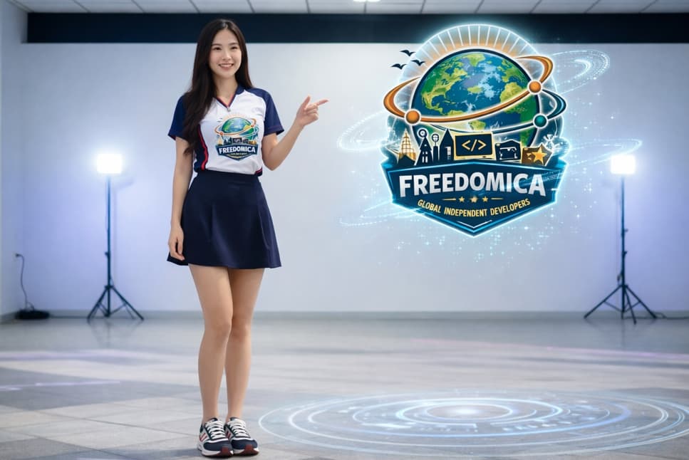 Embaixadora da Freedomica apresentando o emblema da marca em um estúdio